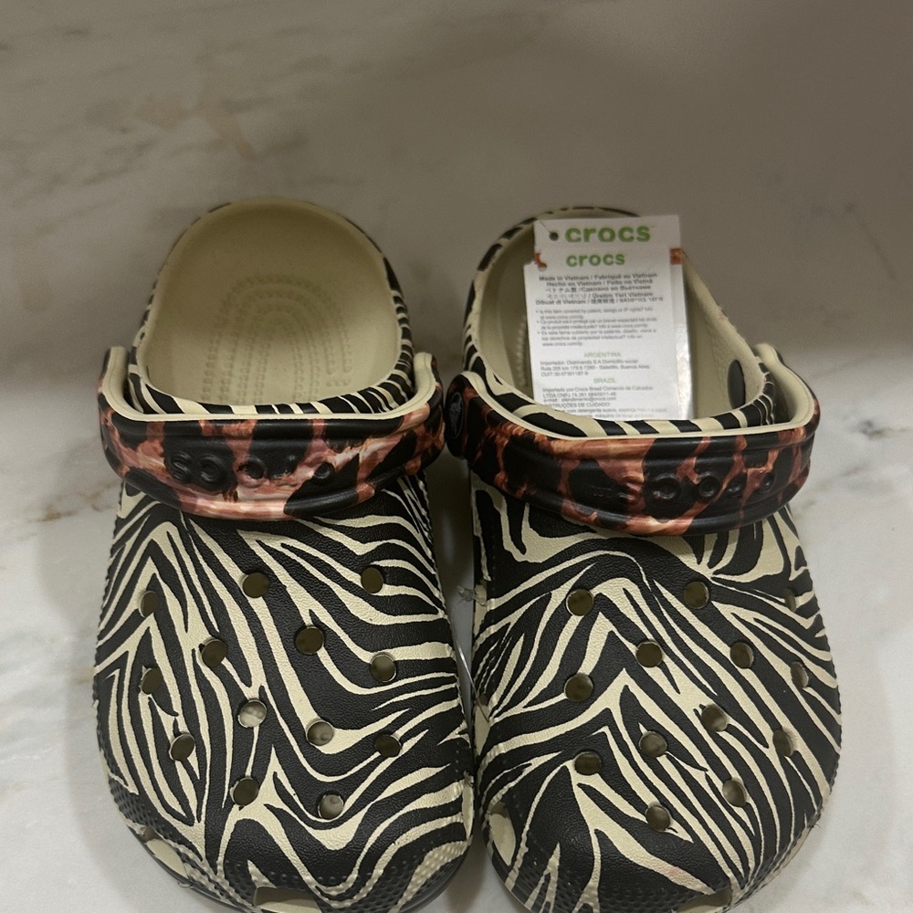CROCS Kids Zebra Print Water Shoes - Black and Cream